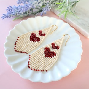 Red heart and ivory handmade seed bead fringe earrings, Handmade Seed Bead Heart Fringe Earrings - Ruby Red and Ivory