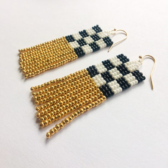 Checkerboard black white and gold seed bead earring with | Etsy