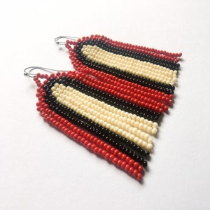 Maroon, ivory, and black handmade arched seed bead fringe earrings