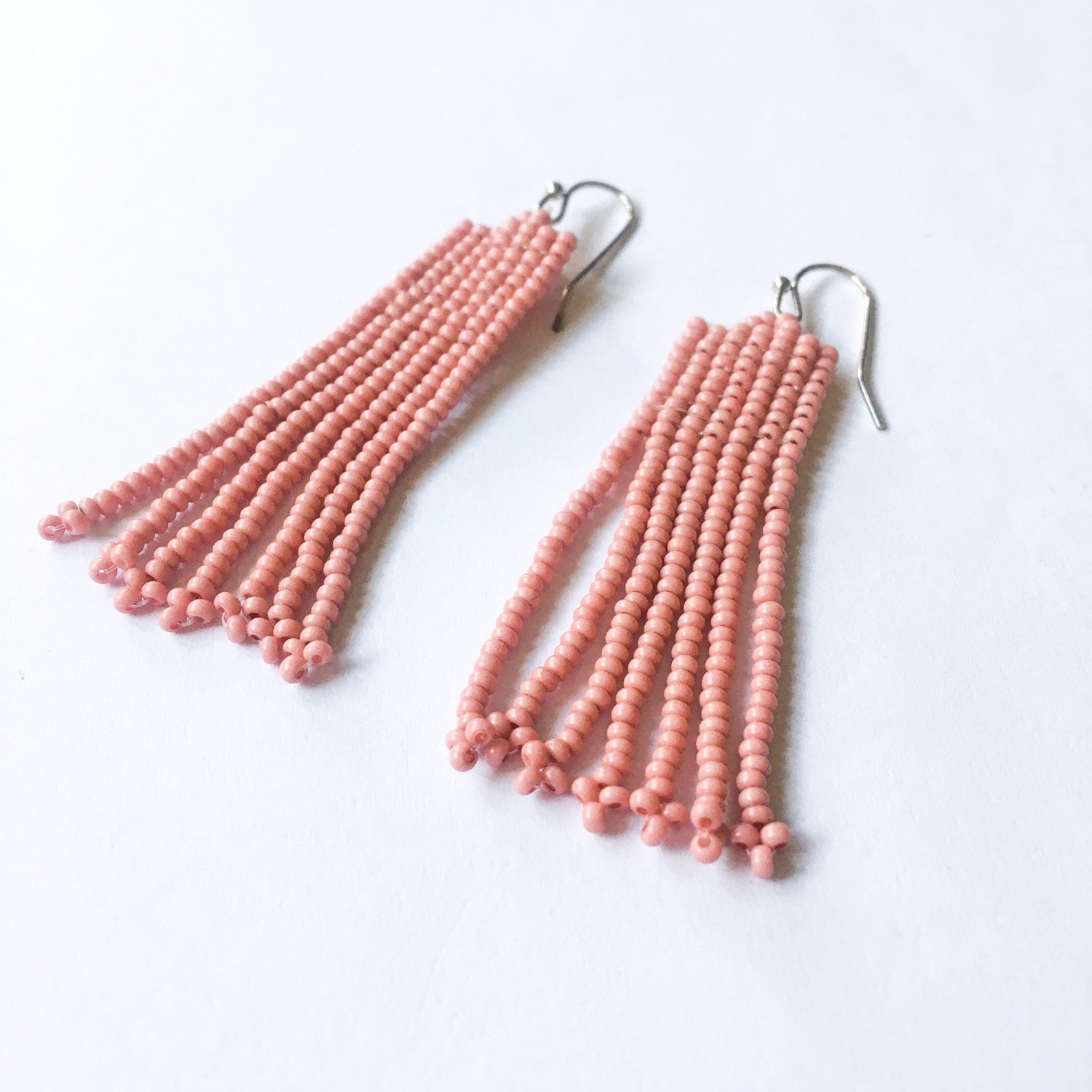 Matte Light Pink Seed Bead Rectangle Fringe Earrings Etsy UK