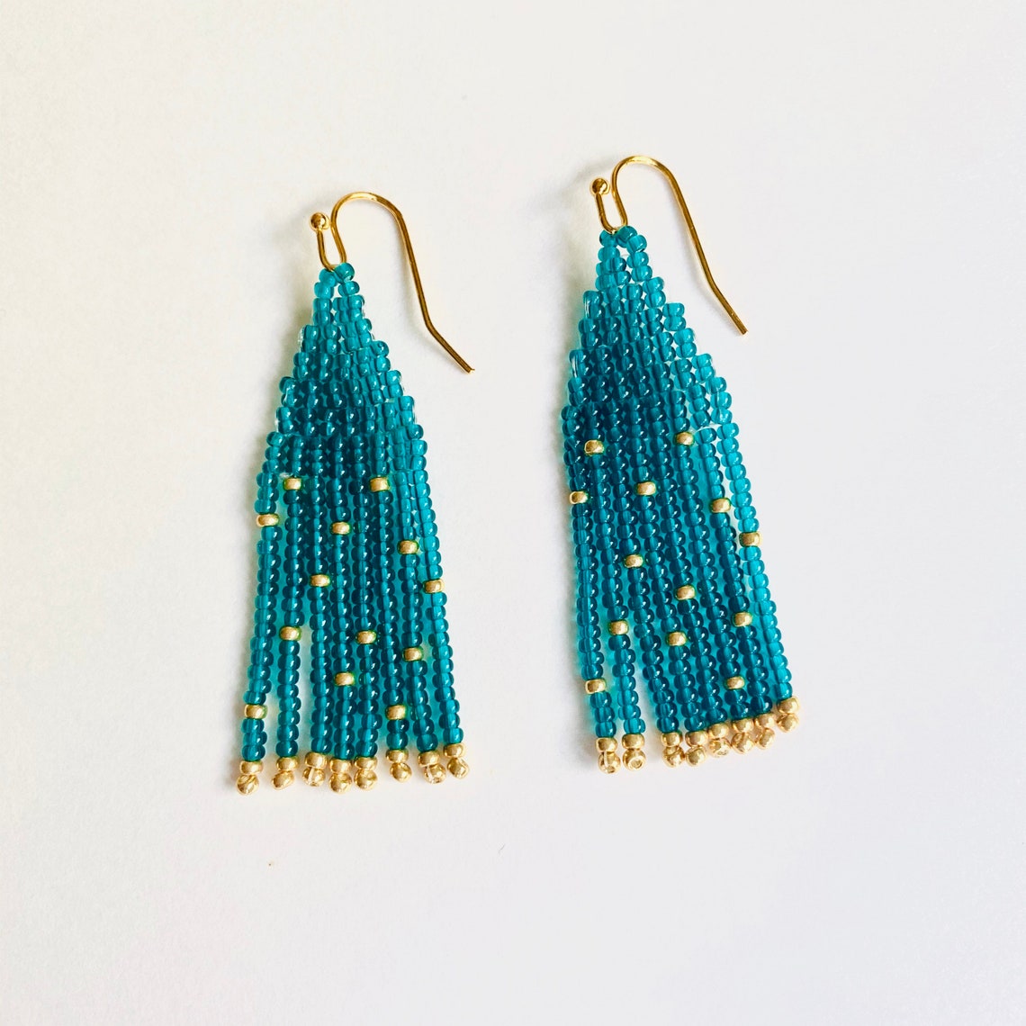 Teal and gold handmade seed bead fringe earrings | Etsy