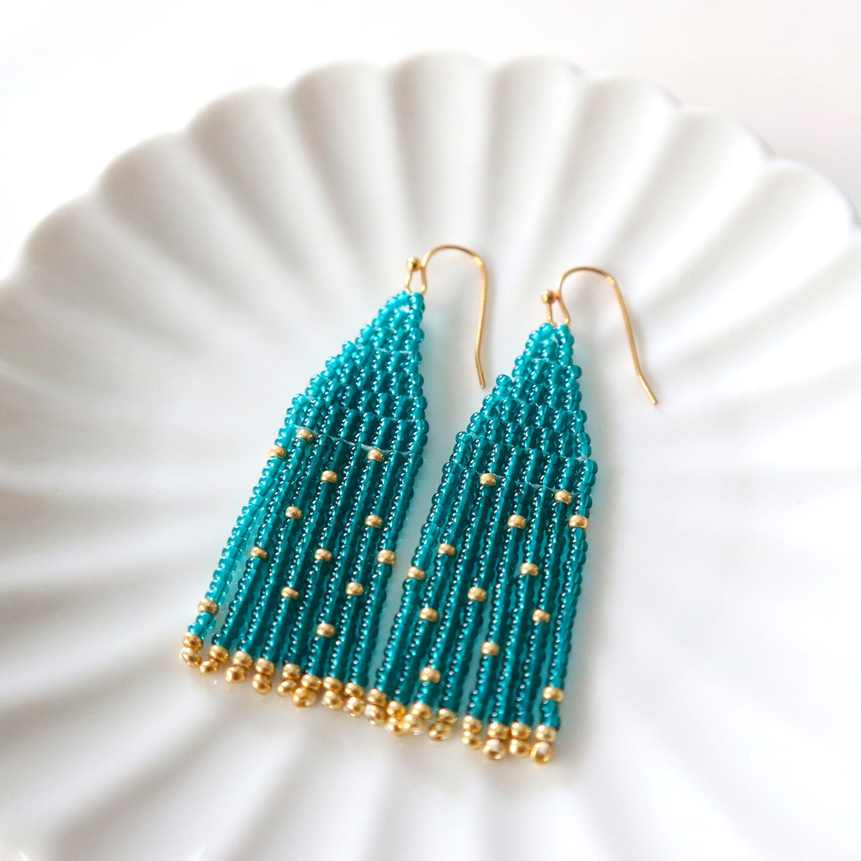 Teal and Gold Handmade Seed Bead Fringe Earrings, Teal Earrings, Art ...