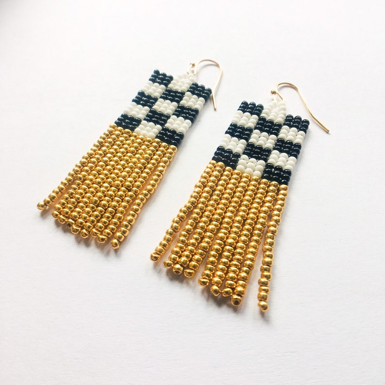 Checkerboard black white and gold seed bead earring with | Etsy