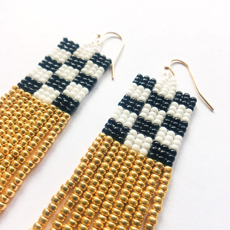 Checkerboard black white and gold seed bead earring with | Etsy