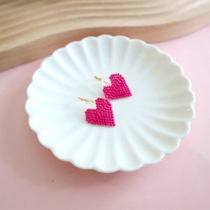 Beaded fuchsia pink heart shaped handmade earrings, beaded heart earrings, barbie inspired heart earrings, romantic jewelry, pink jewelry