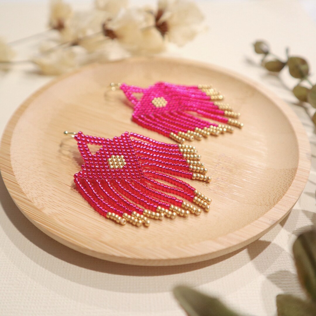 Handcrafted Fuchsia Pink and Gold Seed Bead Fringe Earrings Etsy