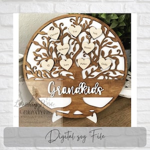 Árbol genealógico SVG Glowforge Archivo digital Solo árbol de la vida SVG Nietos Nuestra familia Archivo láser 3D Archivo familiar Glowforge Árbol SVG con nombre de familia