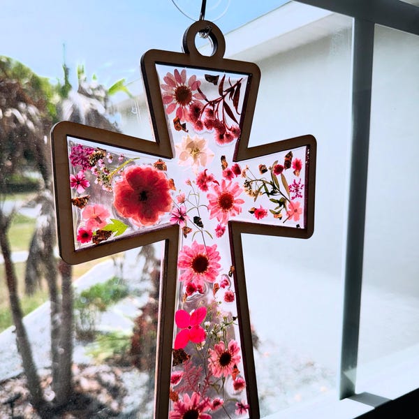 Pressed Floral Cross Sun Catcher