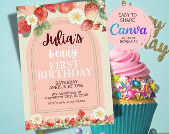 Berry First Birthday Invitation Template Strawberry Theme Party Invite Customizable Instant Download
