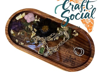 Personalized Resin Floral Acacia Wood Tray | Engraved Jewelry Dish | Real Pressed Flowers | Custom Gift for Her | Trinket Tray