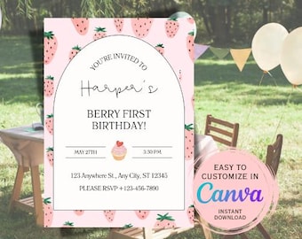 Berry First Birthday Invitation Template Strawberry Theme Party Invite Customizable Instant Download