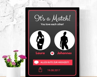 IT'S A MATCH - Lustiges Geschenk zur Hochzeit im Tinder-Stil | Bild auf DinA4 als Hochzeitsgeschenk, Valentinstag oder Jahrestag für Paare