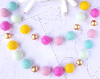 Felt Ball Garland: Pink, Yellow & Gold Nursery Decor