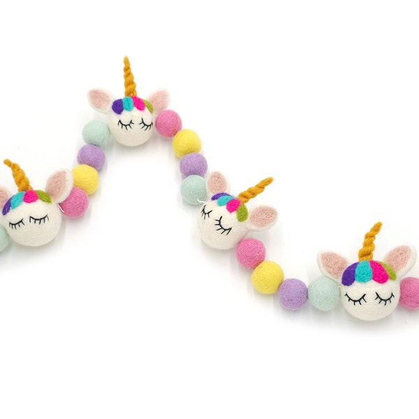 Unicorn, Felt Ball Garland, Pom Pom Garland, Nursery Decor, Unicorn Birthday, Unicorn decor, Girls Room, Kids Room Decor, Shelf Decor