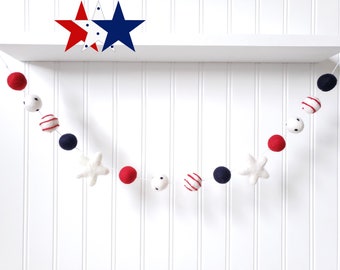 4 de julio Felt Ball Garland, 4 de julio Felt Garland, Decoración del 4 de julio, Star Garland, Decoración patriótica, Pom Pom Garland, Decoración Americana