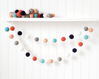 Coral & Navy Felt Ball Garland: Girl Nursery Decor