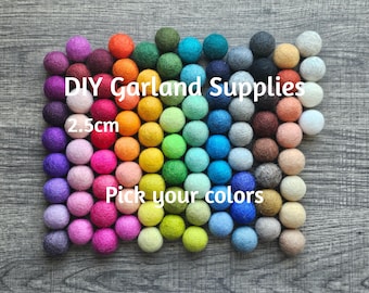 2.5cm Wool Felt Balls, DIY Felt Ball Garland Supplies, Pom Poms for Crafts, Choose Your Colors, Bulk Wool Felt Balls, Nursery Mobile DIY
