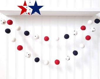 Patriotic Garland, July 4th Decor, Americana Garland, 4th July Garland, 4th of July, Felt Ball Garland, Pom Pom Garland, Nautical Garland