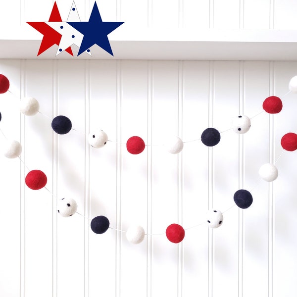 Patriotic Garland, July 4th Decor, Americana Garland, 4th July Garland, 4th of July, Felt Ball Garland, Pom Pom Garland, Nautical Garland