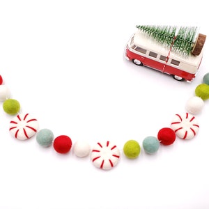 Peppermint Christmas, Felt Ball Garland, Holiday Pom Pom Garland, Christmas Decor, Bunting, Banner, Peppermint Candy, Christmas Mantle Decor
