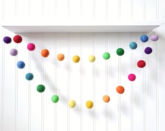 Rainbow Felt Ball Garland: 100% New Zealand Wool Bunting