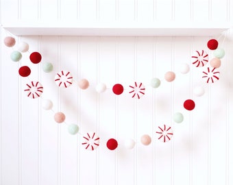 Peppermint Felt Ball Garland: Christmas Holiday Decor