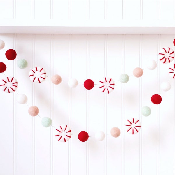 Peppermint felt ball garland, Christmas garland, holiday decor, Christmas home decor, pom pom garland, pom pom banner