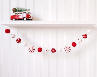 Peppermint Christmas Garland, Felt Ball Garland, Christmas Decor, Holiday Mantel Garland, Christmas Tree Garland, Whimsical Holiday Decor