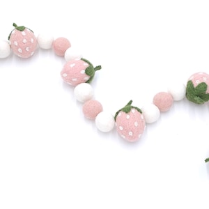 Strawberry Garland, Summer Decor, Blush and White, Felt Ball Garland, Pom Pom Garland, Summer Mantle Decor, Summer Party Decor