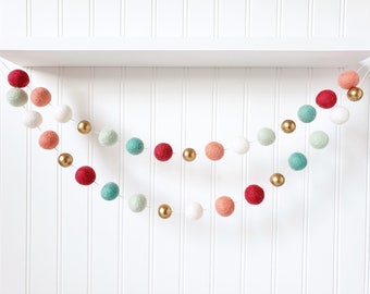 Felt Ball Garland: Coral, Mint & Gold Nursery Decor
