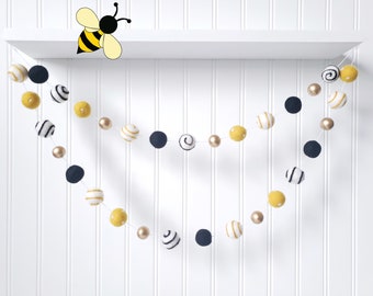 Bumble Bee Felt Ball Garland Spring Decor Bee Party Banner Baby Shower Nursery Wall Hanging Mantel Home Decor with Gold Bead Accents