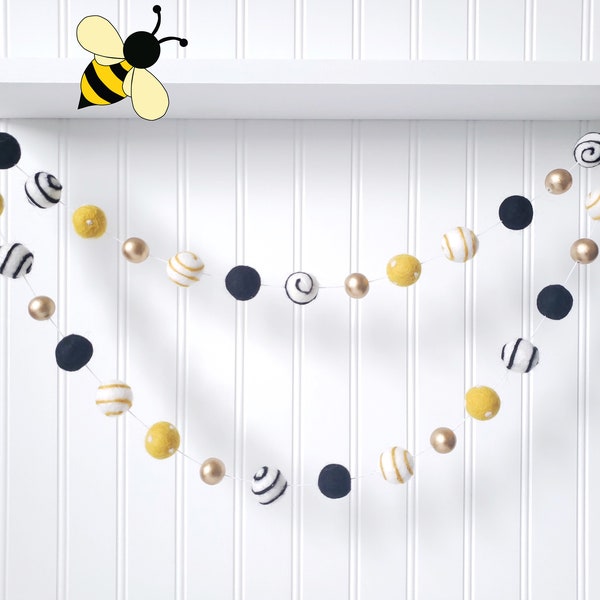 Bumble Bee, Pom Pom Garland, Black and Gold, Felt Ball Garland, Spring Garland, Yellow Nursery Decor, Baby Shower, Nursery Garland