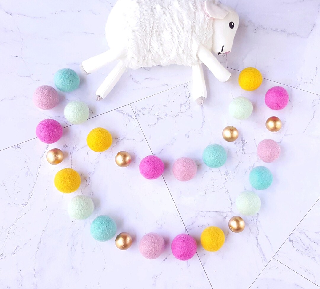 Pink and Yellow Nursery Decor, Girls Room Decor, Felt Ball Garland, Pom