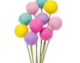 Felt Ball Flower Bouquet: Spring Easter Decor, 10 Wool Stems