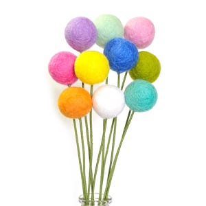 May include: A collection of eleven spherical felted wool balls in various colors including purple, light green, pink, bright pink, yellow, blue, lime green, orange, white, and turquoise, each attached to a thin green stem and arranged in a glass vase.