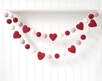 Valentine Garland, Valentines Day Decor, Heart Garland, Valentines Hearts, Felt Ball Garland, Pom Pom Garland, Girl Nursery Decor