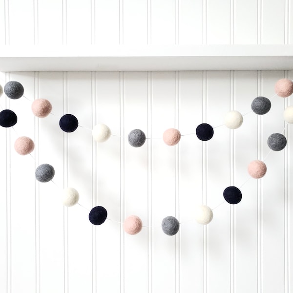 Blush and Navy, Girl Nursery Decor, Girl Room Decor, Felt Ball Garland, Pom Pom Garland, Girl Bunting, Wedding Decor, Pom Pom Banner