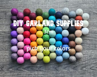 Large 3cm Wool Felt Balls, DIY Garland Supplies, Custom Color Felt Pom Poms, Nursery Mobile Supplies, Craft Pom Poms, Handmade Wool Balls