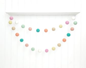 Felt Ball Garland, Spring Garland, Nursery Garland, Baby Shower Decor, Girl Room Decor, Pastel Rainbow Garland, Spring Decor, Easter Garland