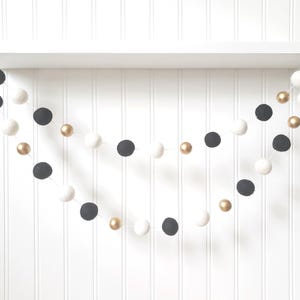 Black, White & Gold Felt Ball Garland: 100% Wool Home Decor