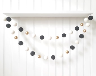 Black, White & Gold Felt Ball Garland: 100% Wool Home Decor