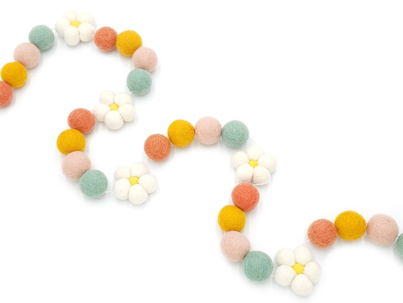 Daisy Garland, Boho Decor, Pom Pom Garland, Girl Nursery Decor, Felt Ball Garland, Girl Room Decor, Boho Garland, Muted Rainbow, Daisy Decor image 1