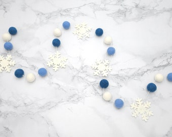 Snowflake Garland, Blue and White, Winter Garland, Felt Ball Garland, Pom Pom Garland, Snowflake Decor