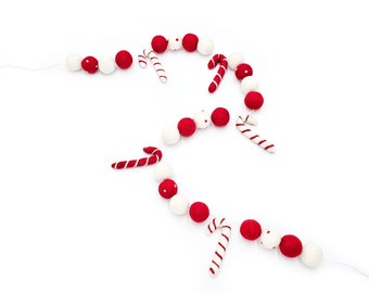 Candy Cane Felt Ball Garland, Christmas Garland, Holiday Garland, Mantel Decor, Farmhouse Christmas Decoration, Christmas Tree Garland