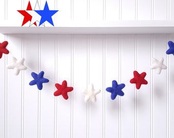 Rojo, blanco y azul, guirnalda de estrellas de fieltro, decoración del 4 de julio, 4 de julio, decoración patriótica, decoración americana, decoración de EE. UU., decoración del Día de la Independencia