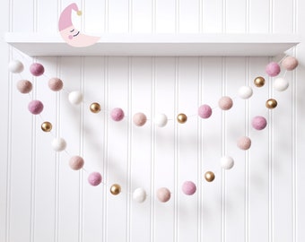 Pink Nursery Garland: Felt Ball & Gold Bead Decor