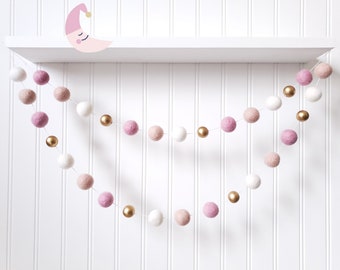 Pink Nursery Decor, Pink and White, Pink and Gold, Baby Girl Nursery Decor, Girl Nursery Garland, Felt Ball Garland, Pom Pom Garland