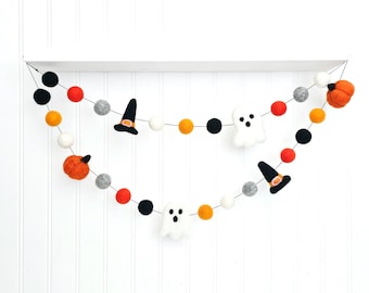 Halloween Garland, Ghost Pumpkin Garland, Witch Hat Garland, Halloween Mantel Decor, Halloween Party Decor, Felt Halloween Decor