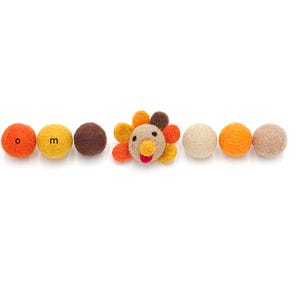 May include: A line of felt balls in orange, yellow, brown, and beige colors with a felt turkey in the center. The turkey has a red beak and black eyes.