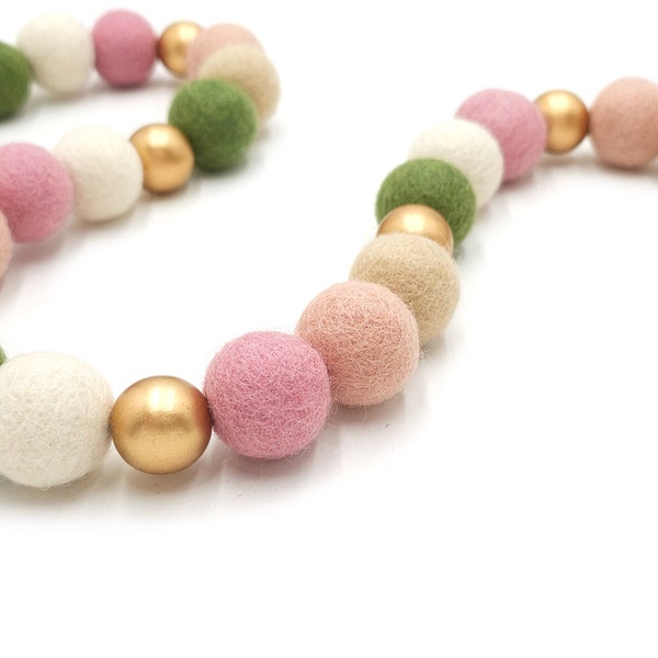 Pink Green Gold Felt Ball Garland, Baby Girl Nursery Decor, Boho Nursery Garland, Baby Shower Decor, First Birthday Banner